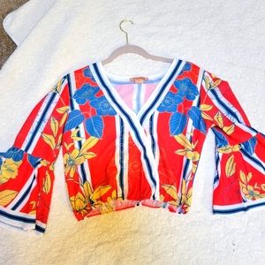 FLYiNG Tomato~Tropical print w cheerful colors. Bell sleeves and a modest crop